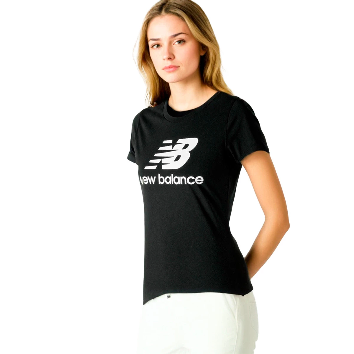 New Balance - Koszulka Ułożone logo Woman Essentials, Mujer, Czarny, XS