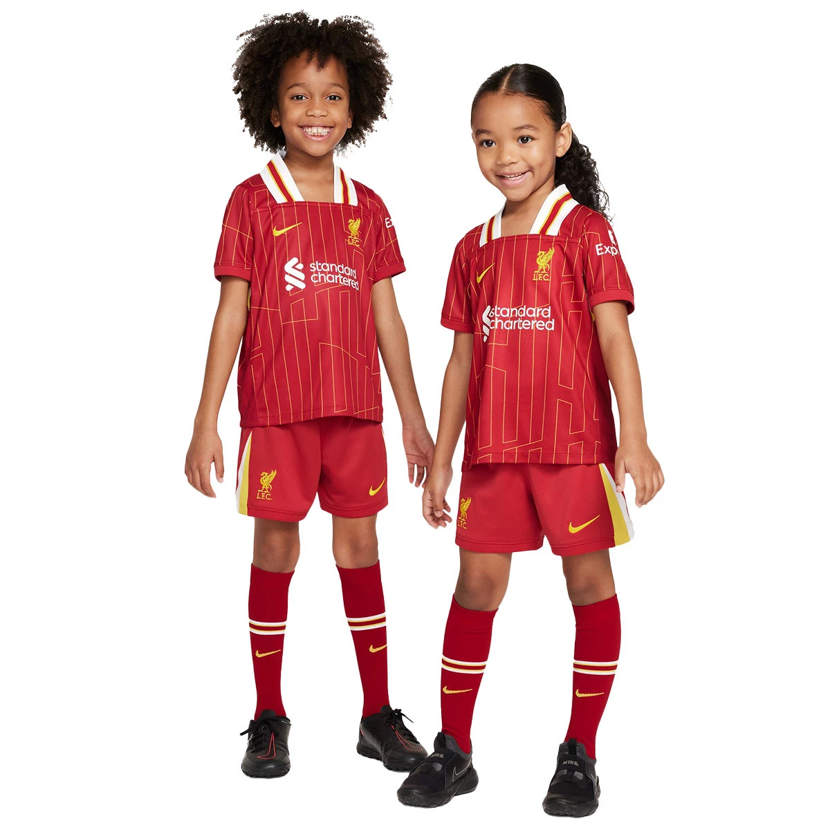Nike - Strój Liverpool FC Primera Equipación 2024-2025 Niño, Unisex, Siłownia Czerwony-Biały-Chromowany Żółty, S