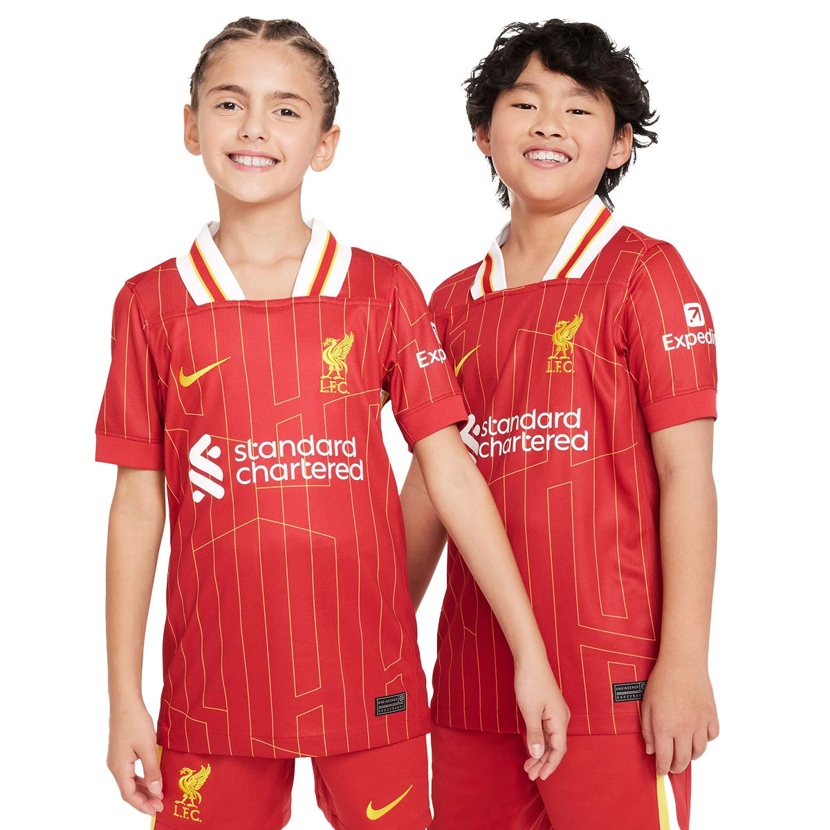 Nike - Koszulka Liverpool FC Primera Equipación 2024-2025 Niño, Unisex, Siłownia Czerwony-Biały-Chromowany Żółty, XS
