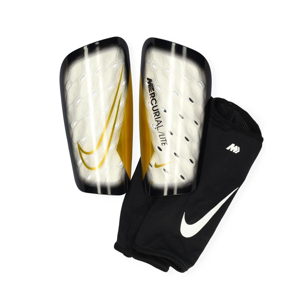 Nike - Nagolenniki Mercurial Lite, Unisex, Biało-Czarny-Metaliczny Złoty, L