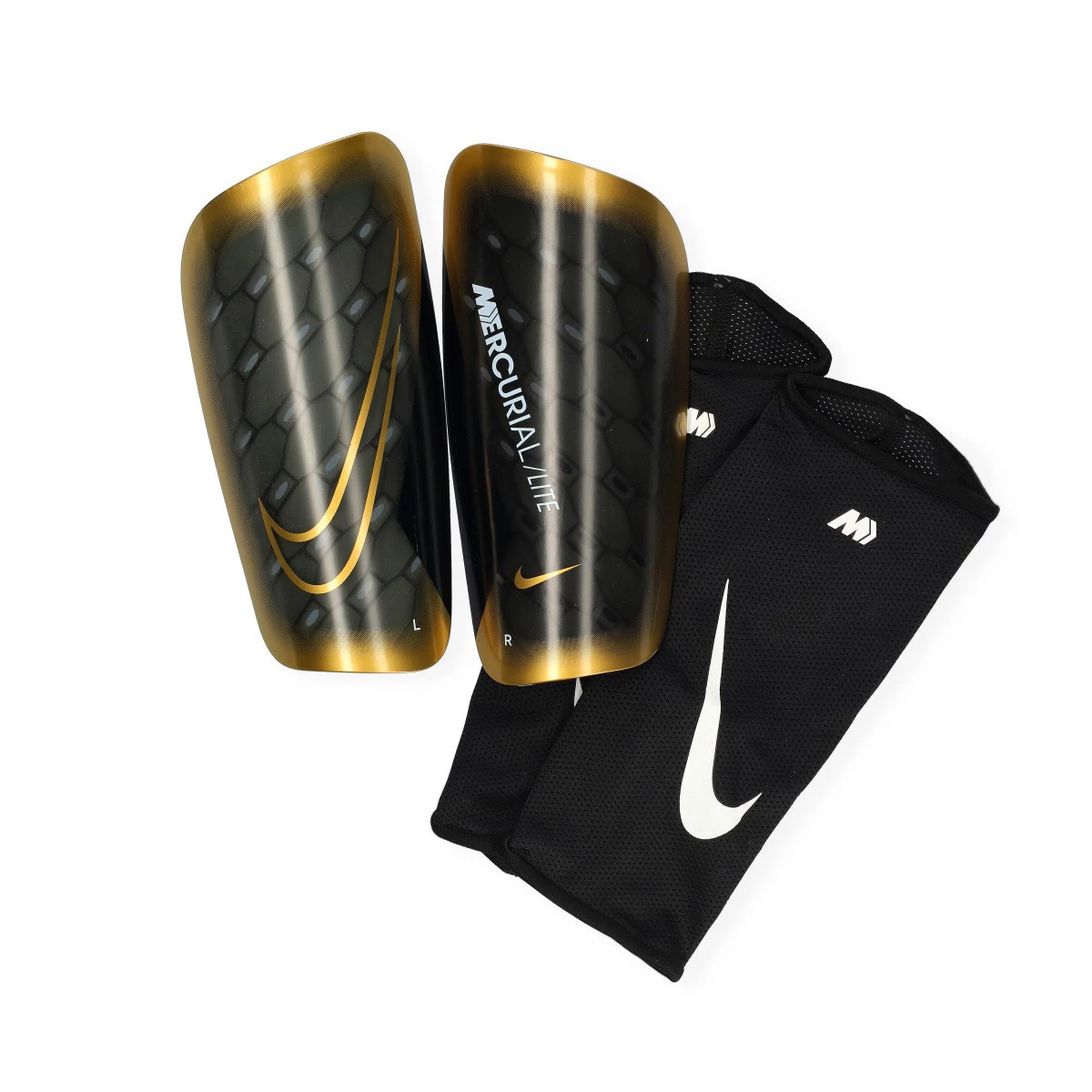 Nike - Nagolenniki Mercurial Lite, Unisex, Czarno-metaliczna złota moneta, L