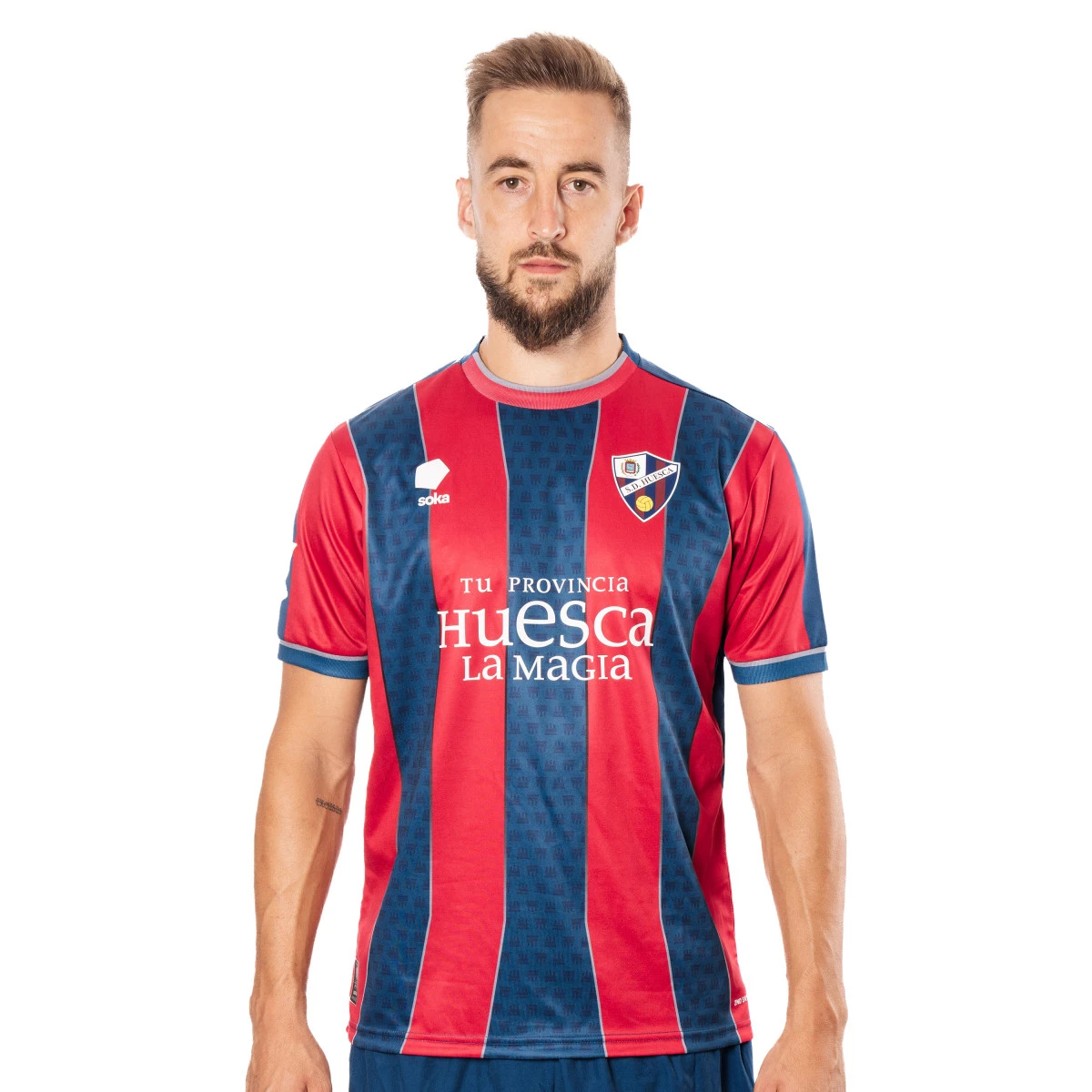 Soka - Koszulka Sociedad Deportiva Huesca 2024-2025 Strona główna, Unisex, SDH Niebieski-SDH Czerwony-Stalowy Szary, M