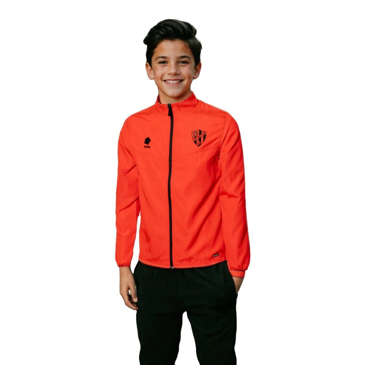 Soka - Płaszcz przeciwdeszczowy Kids Sociedad Deportiva Huesca Trening 2024-2025, Unisex, Laser Pomarańczowy-Pantera Czarny, 164 cm