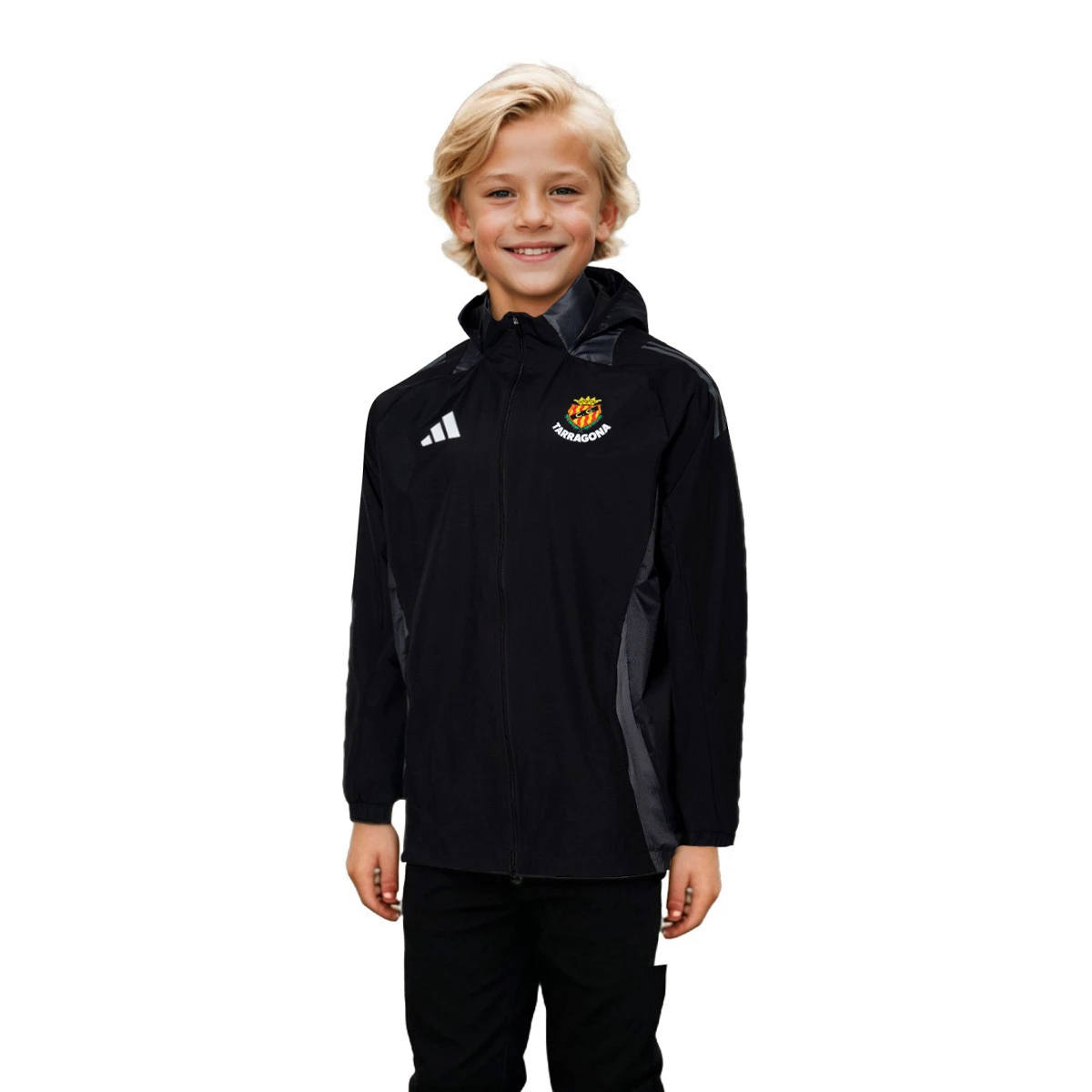 adidas - Płaszcz przeciwdeszczowy Kids Gimnàstic de Tarragona 2024-2025 Trening, Unisex, Black-Team Dark Grey, 140 cm